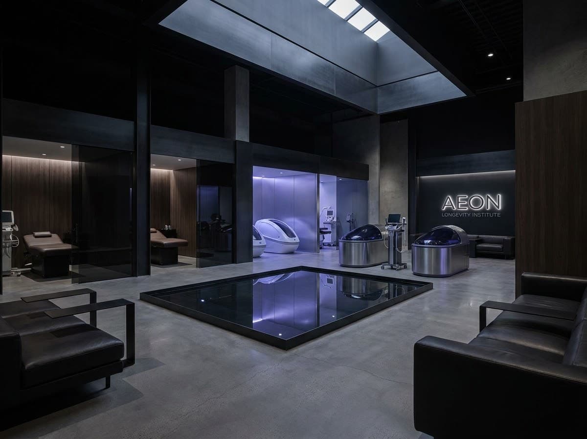 Dark, moody reception area of an ultra-premium longevity clinic with textured black stone walls, integrated warm LED strips, and a custom bronze reception desk.