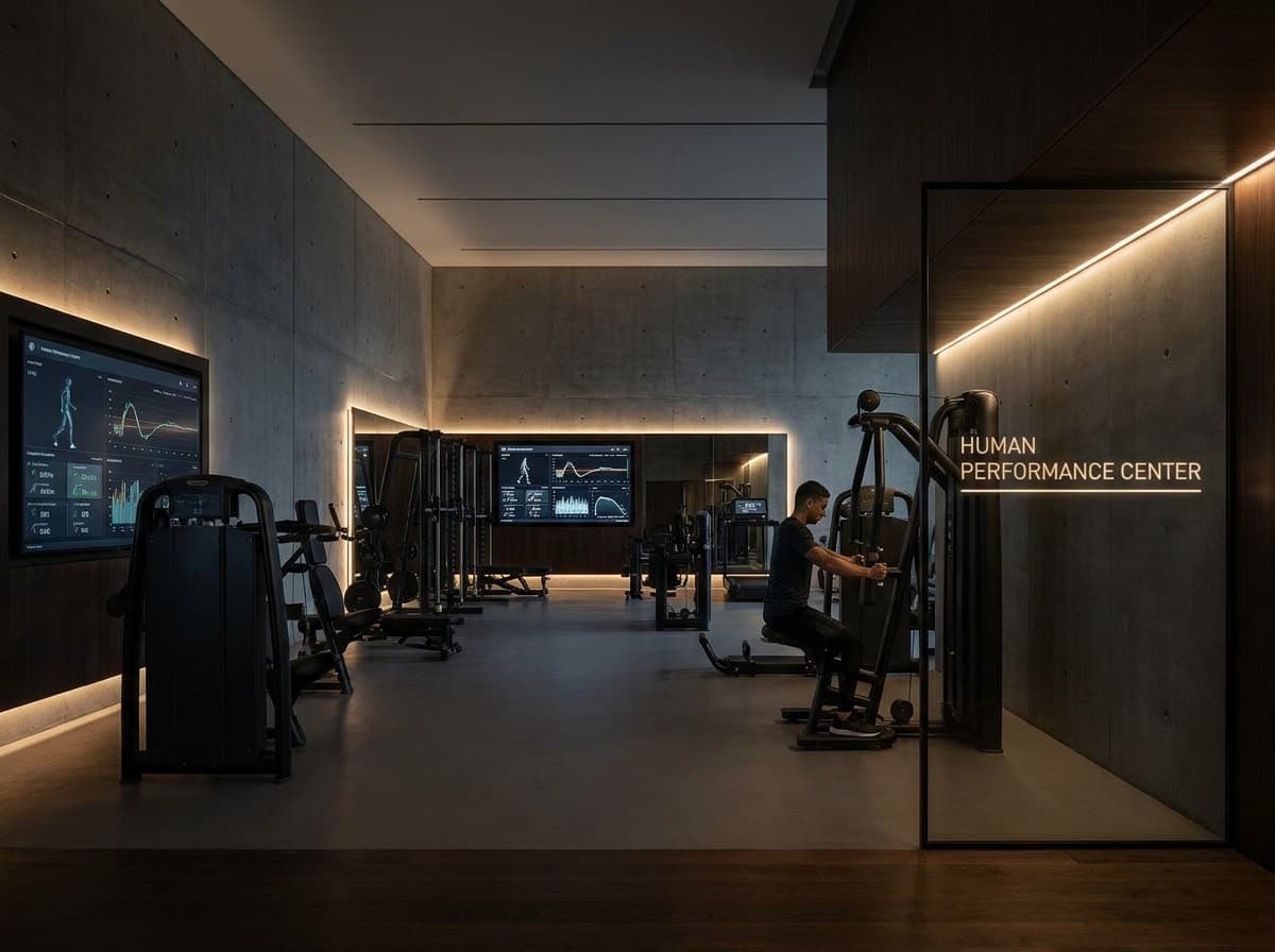 High-performance training center with raw concrete walls, dark wood accents, and biometric monitoring displays under focused, dramatic lighting.