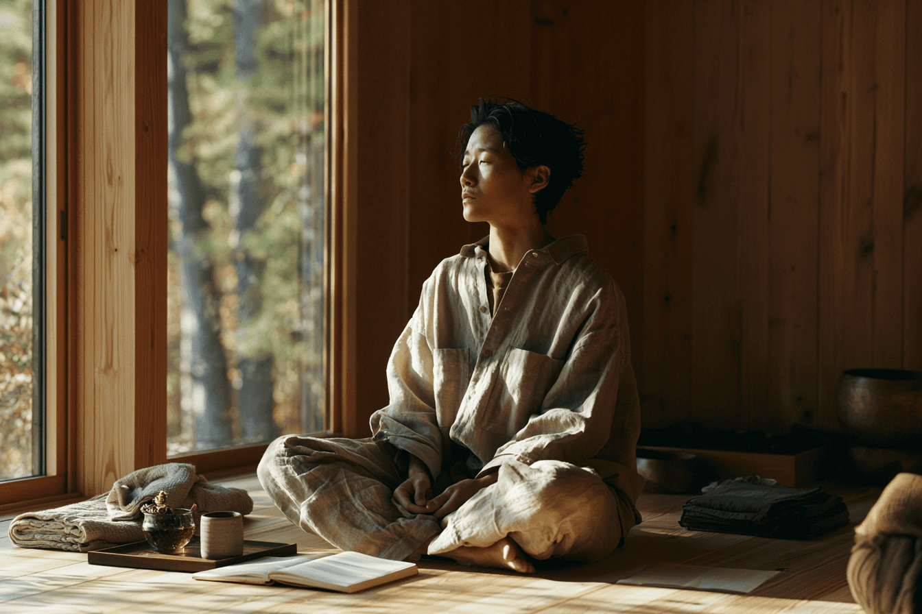 Editorial wide shot of a quiet recovery scene from a respectful distance — recovery as ritual, observed rather than performed.