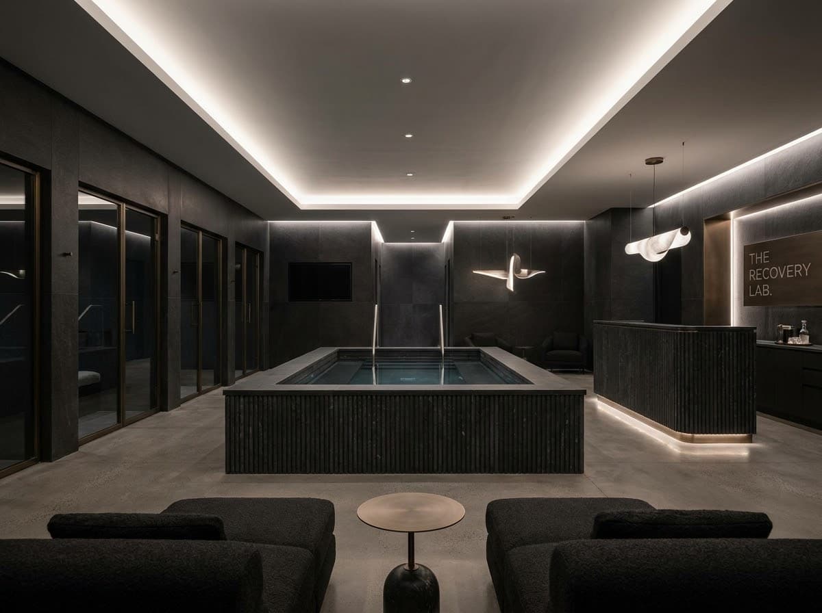 Ultra-exclusive recovery center with a slate-tiled pool, glowing edges, darkened glass-walled treatment rooms, and sculptural lighting.